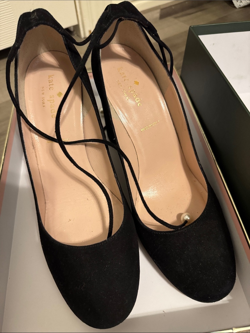 kate spade Black Suede Pearl Lace-Up Round-Toe Pumps